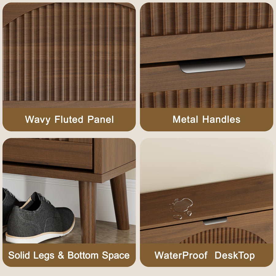 Elora walnut finish shoe cabinet details: fluted doors, metal handles and raised legs