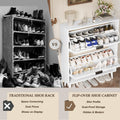 Elora white flip-drawer cabinet compared with an open shoe rack