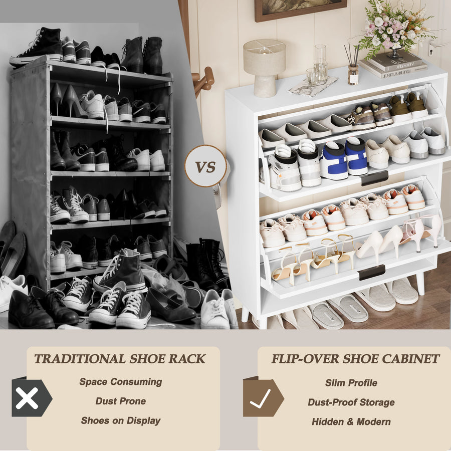 Elora white flip-drawer cabinet compared with an open shoe rack