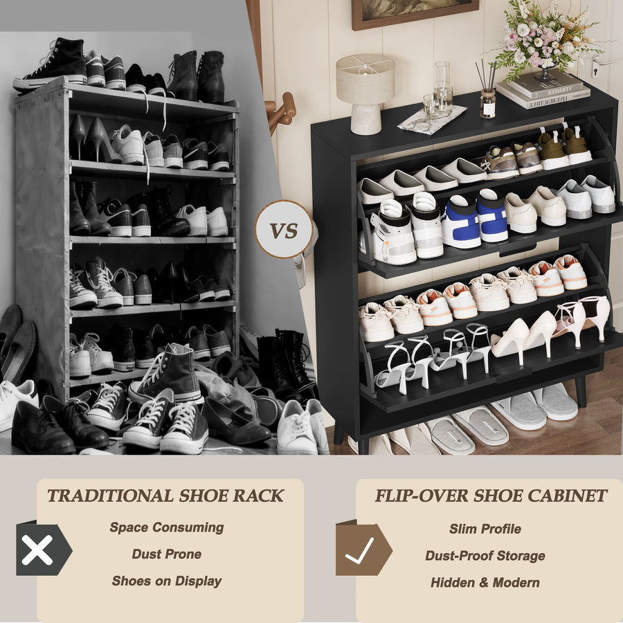 Elora black flip-drawer cabinet compared with an open shoe rack