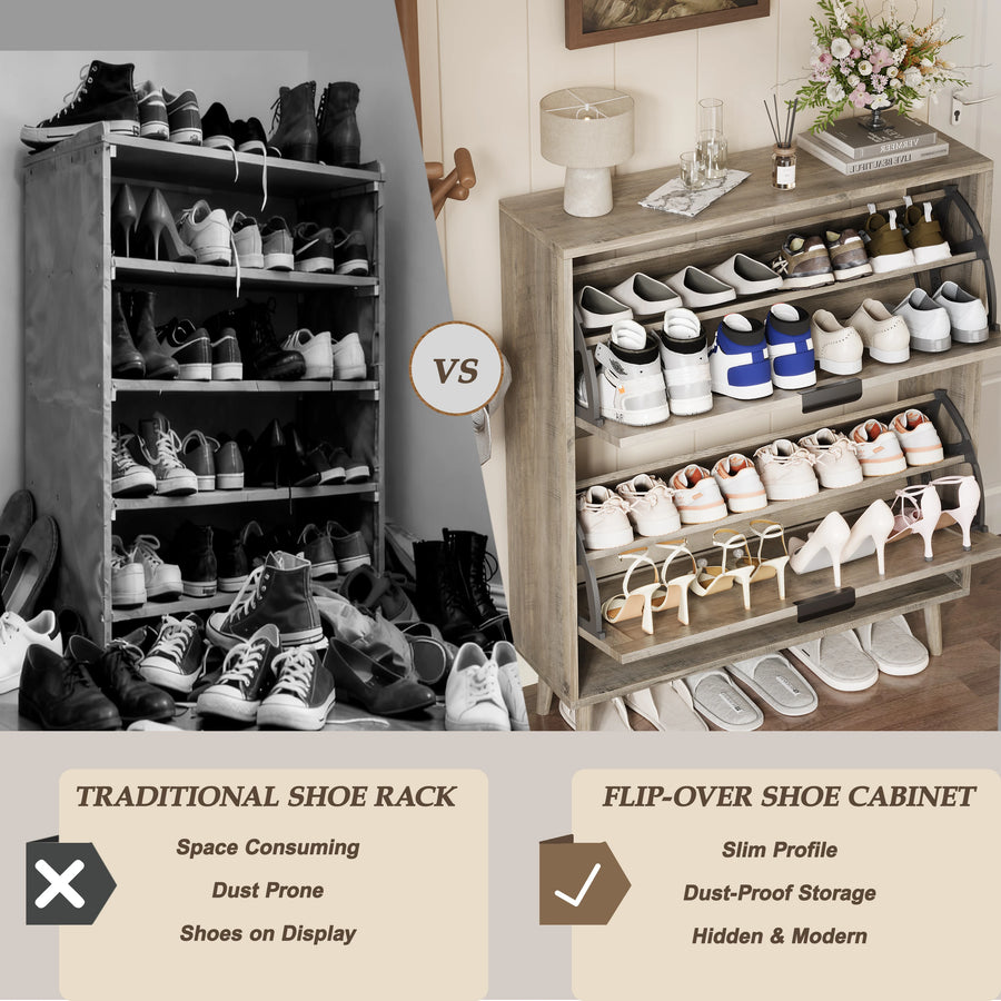 Elora gray oak finish flip-drawer cabinet compared with an open shoe rack