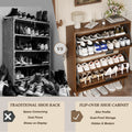 Elora walnut finish flip-drawer cabinet compared with an open shoe rack