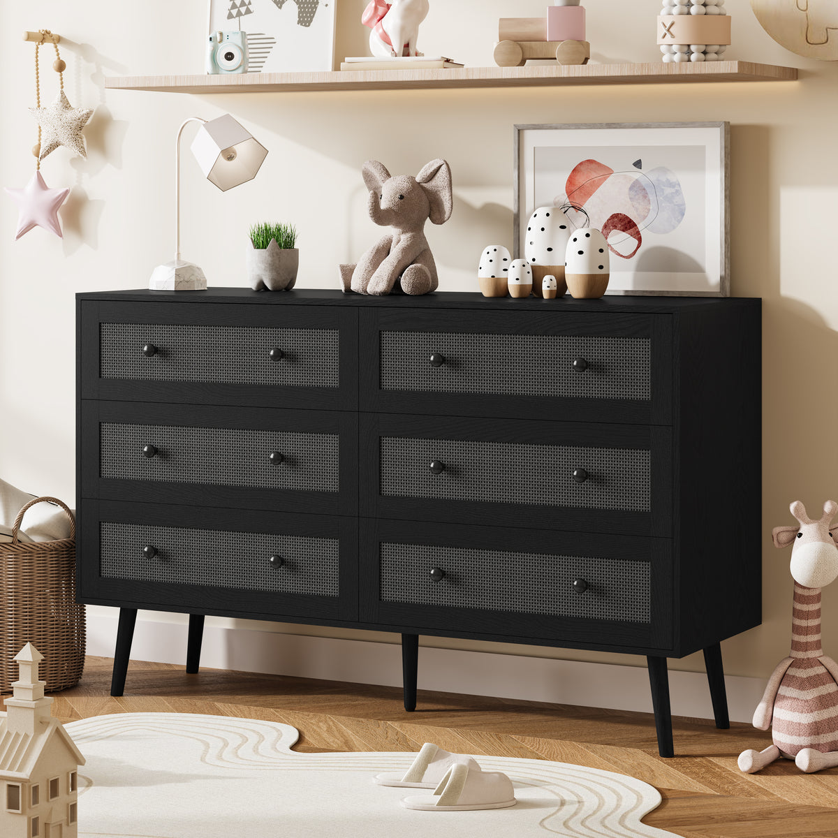 Anymaple Rattan Dresser for Bedroom, 6 Drawer 47.2'' Wide Boho Wood Dresser