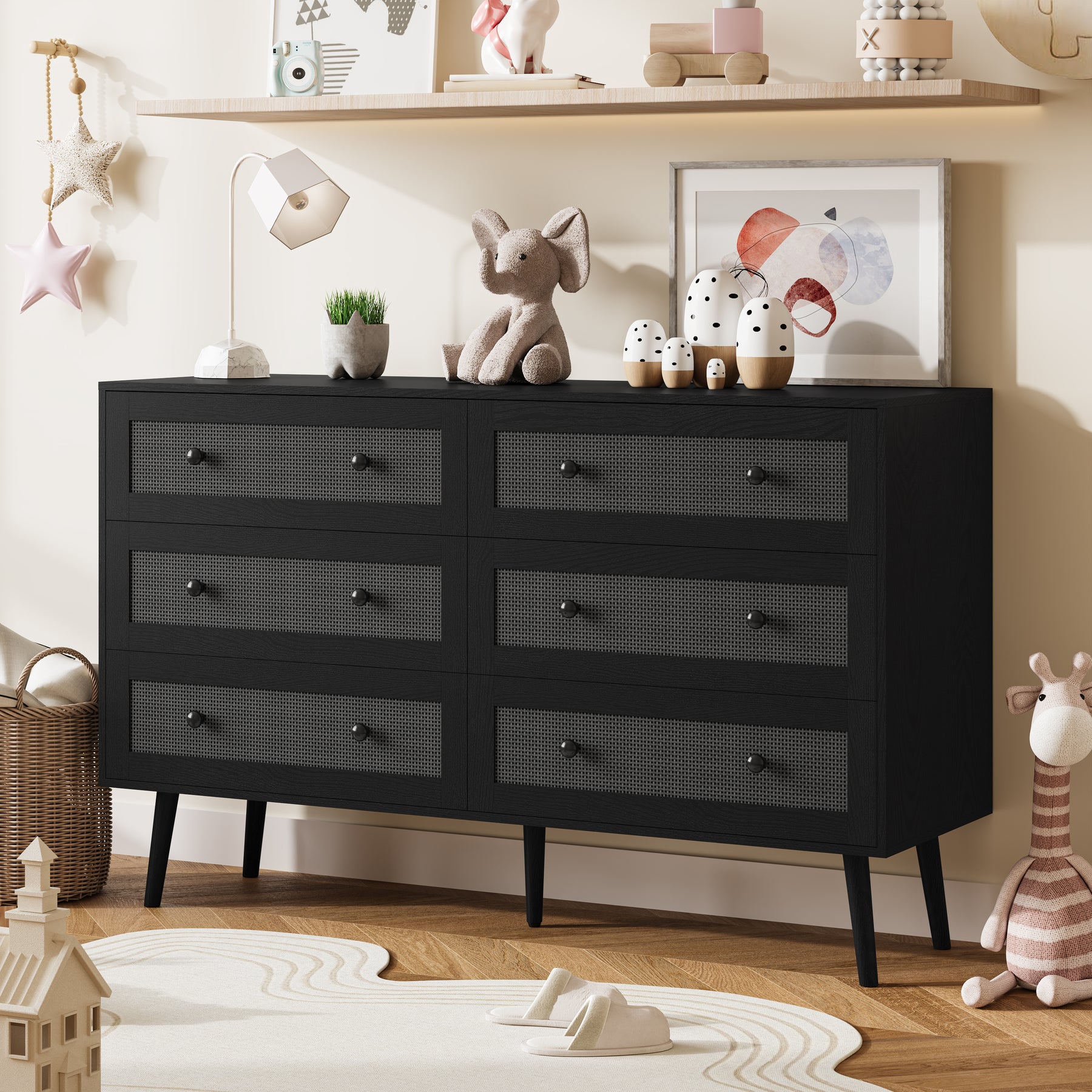 Anymaple Rattan Dresser for Bedroom, 6 Drawer 47.2'' Wide Boho Wood Dresser