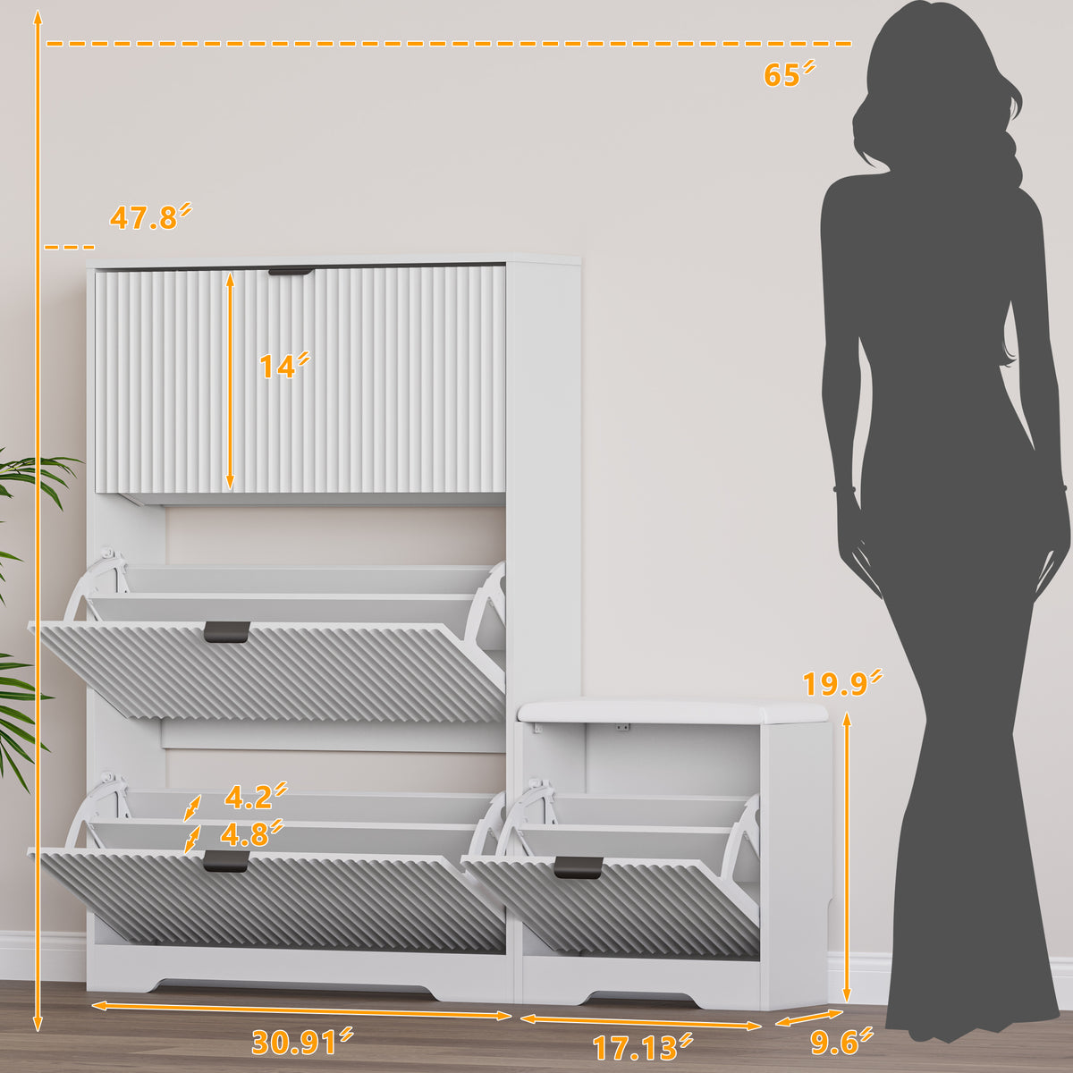 Linea shoe cabinet with bench in White, annotated dimension diagram.