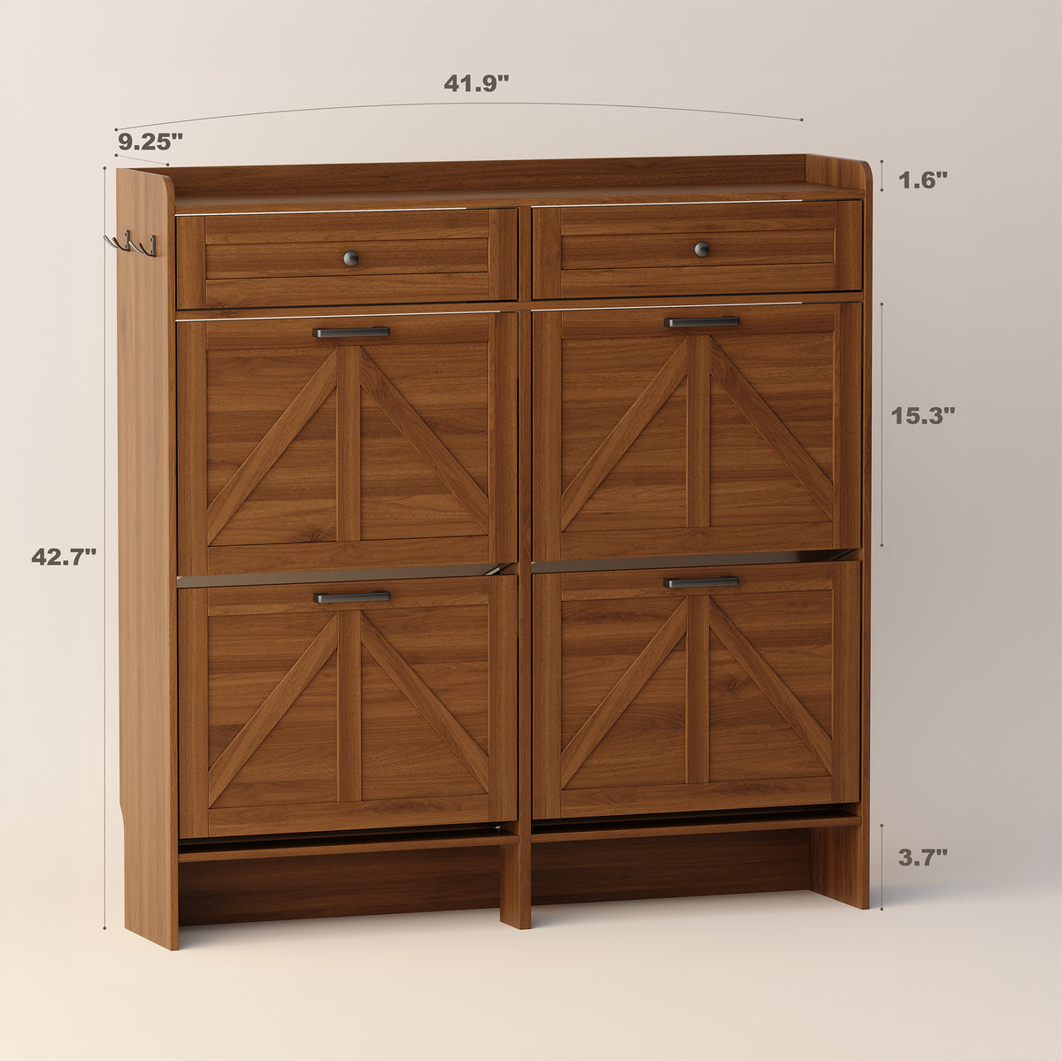 Newport four-door shoe cabinet in Walnut: 41.9 inches wide, 9.25 inches deep and 42.7 inches high.