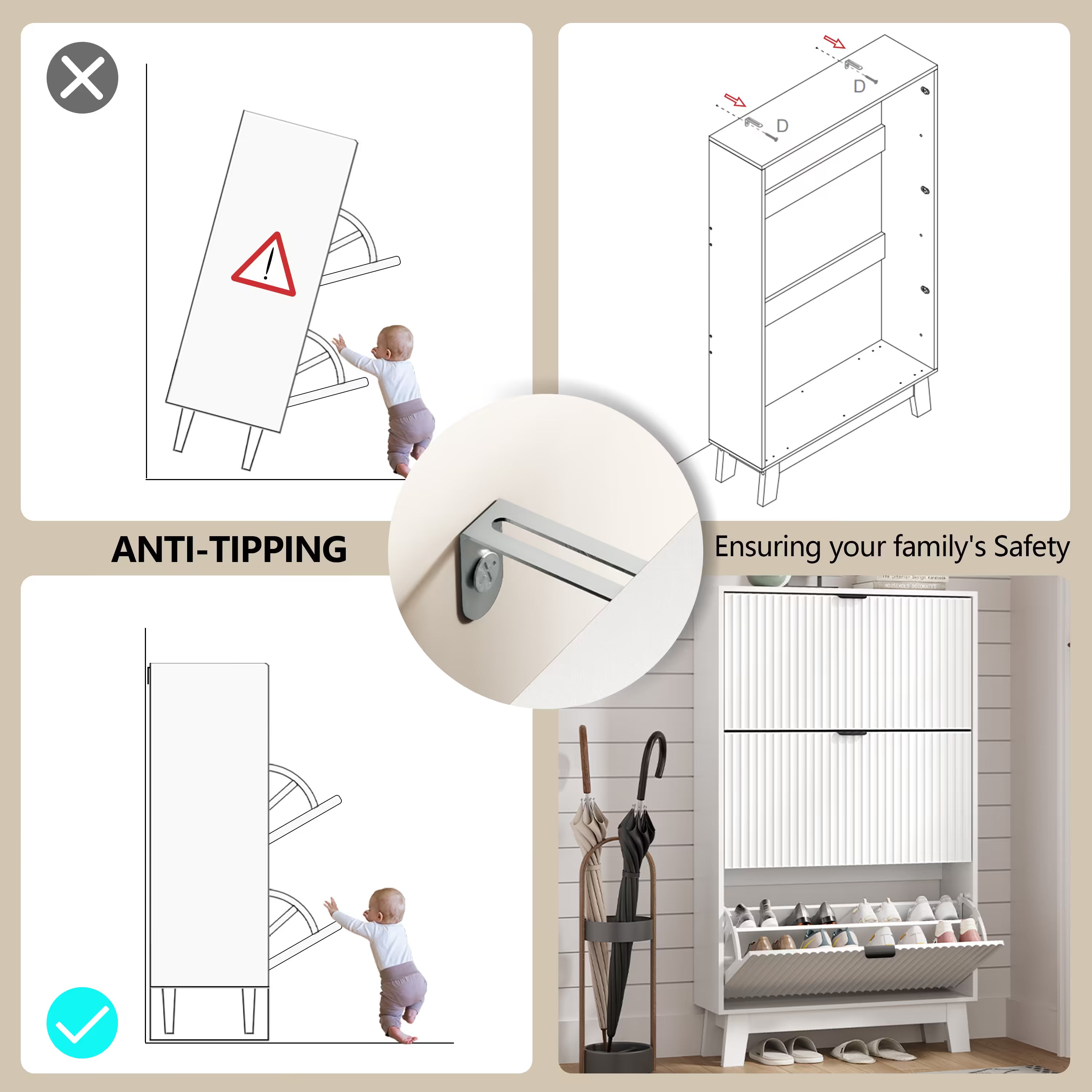 Anymaple white shoe cabinet 3 drawer with anti-tipping safety device anchored to the wall