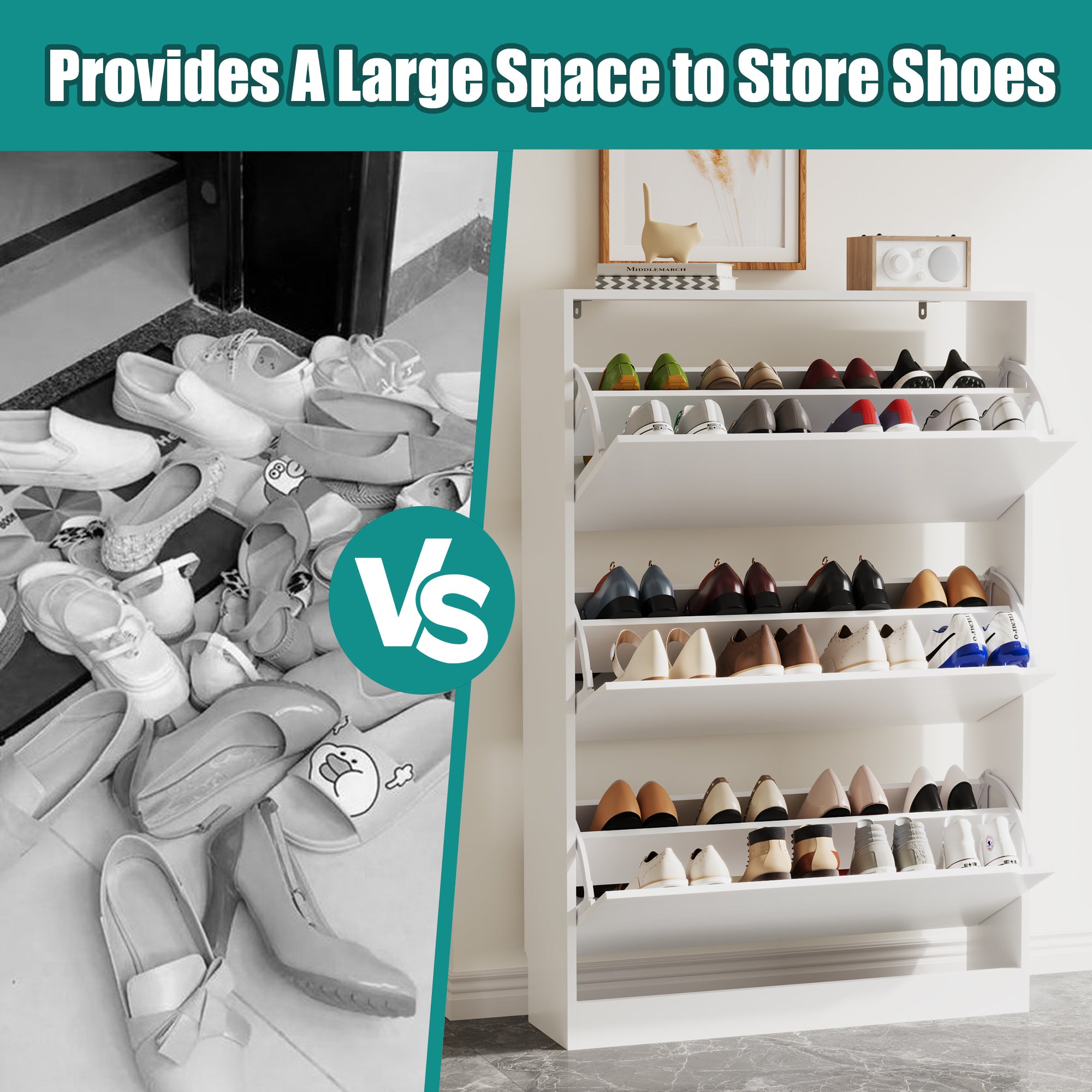 Anymaple Crestline White 3-door shoe cabinet, adjustable interior panels for flexible shoe organization