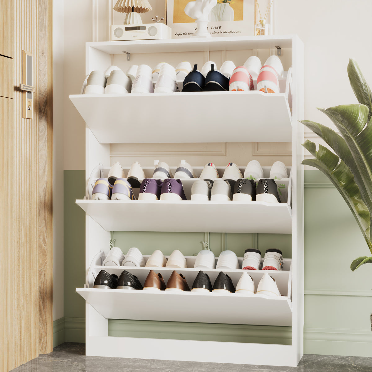Anymaple Crestline White 3-door shoe cabinet, 3 flip drawer shoe cabinet for entryway shoe storage