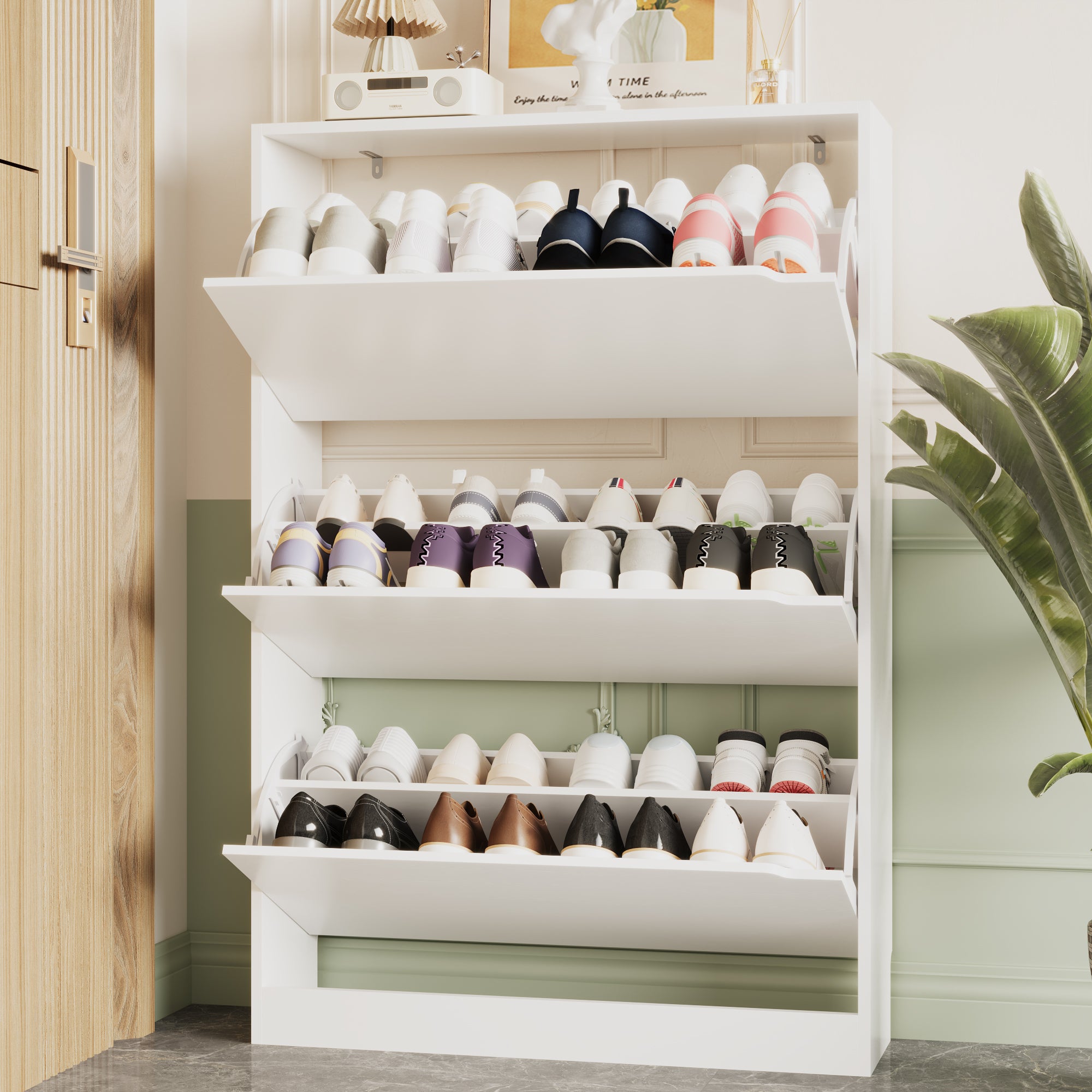 Anymaple Crestline White 3-door shoe cabinet, 3 flip drawer shoe cabinet for entryway shoe storage