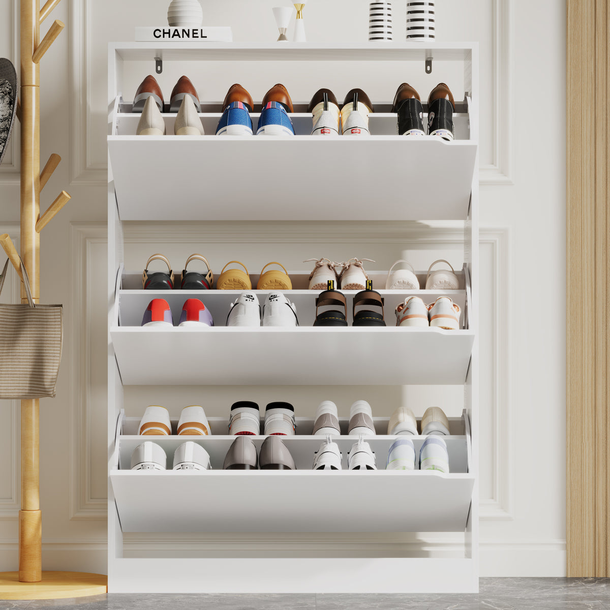 Anymaple Crestline White 3-door shoe cabinet, flip drawer storage for sneakers flats heels and daily shoes