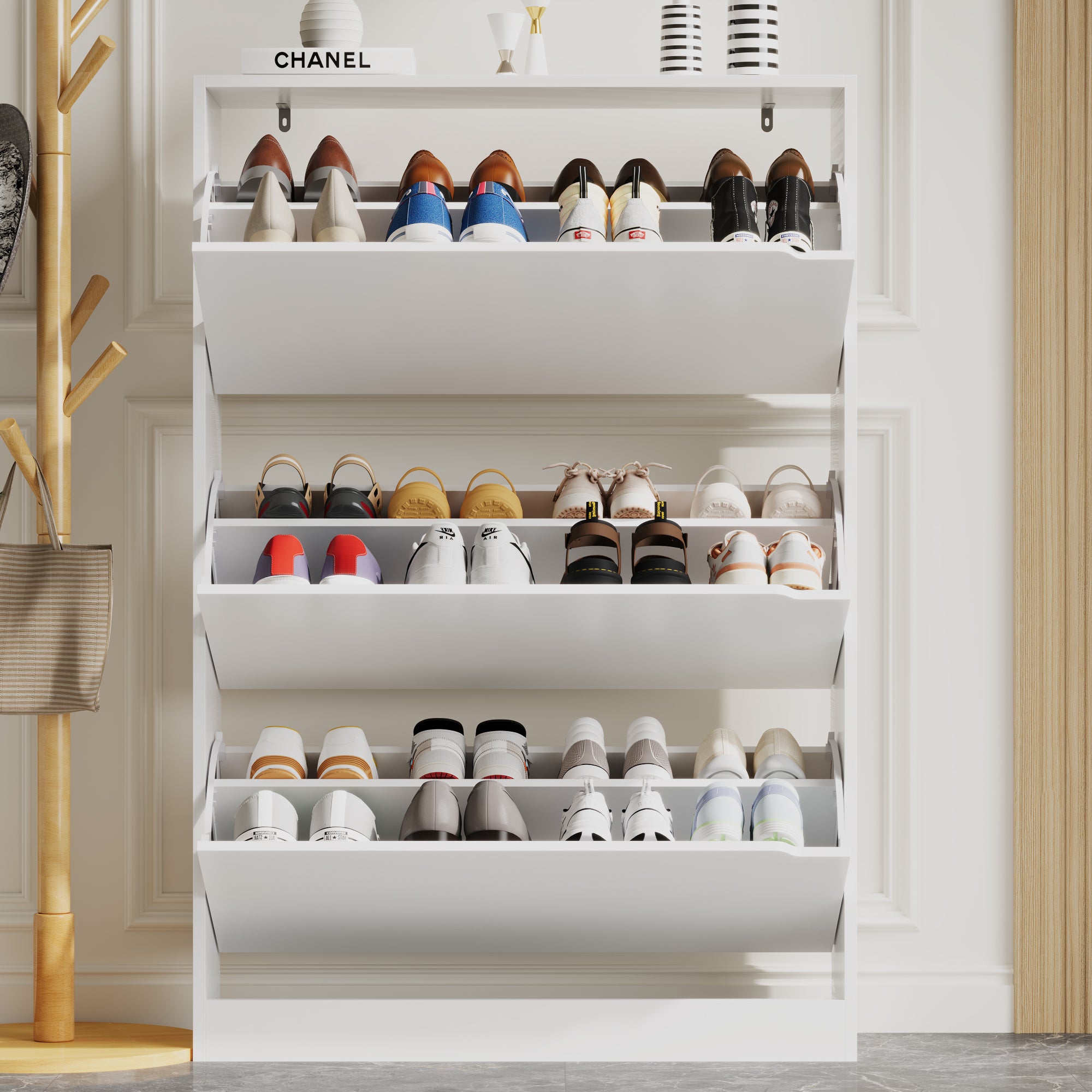 Anymaple Crestline White 3-door shoe cabinet, flip drawer storage for sneakers flats heels and daily shoes