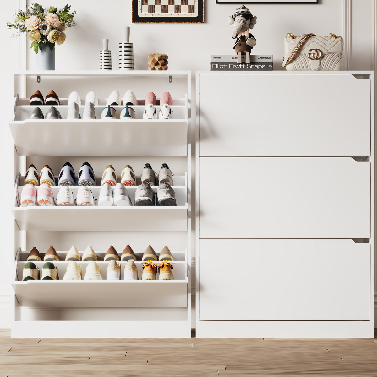 Anymaple Crestline White 3-door shoe cabinet, hidden shoe storage cabinet that reduces clutter and dust
