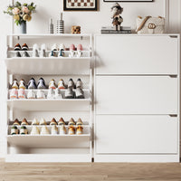 Anymaple Crestline White 3-door shoe cabinet, hidden shoe storage cabinet that reduces clutter and dust