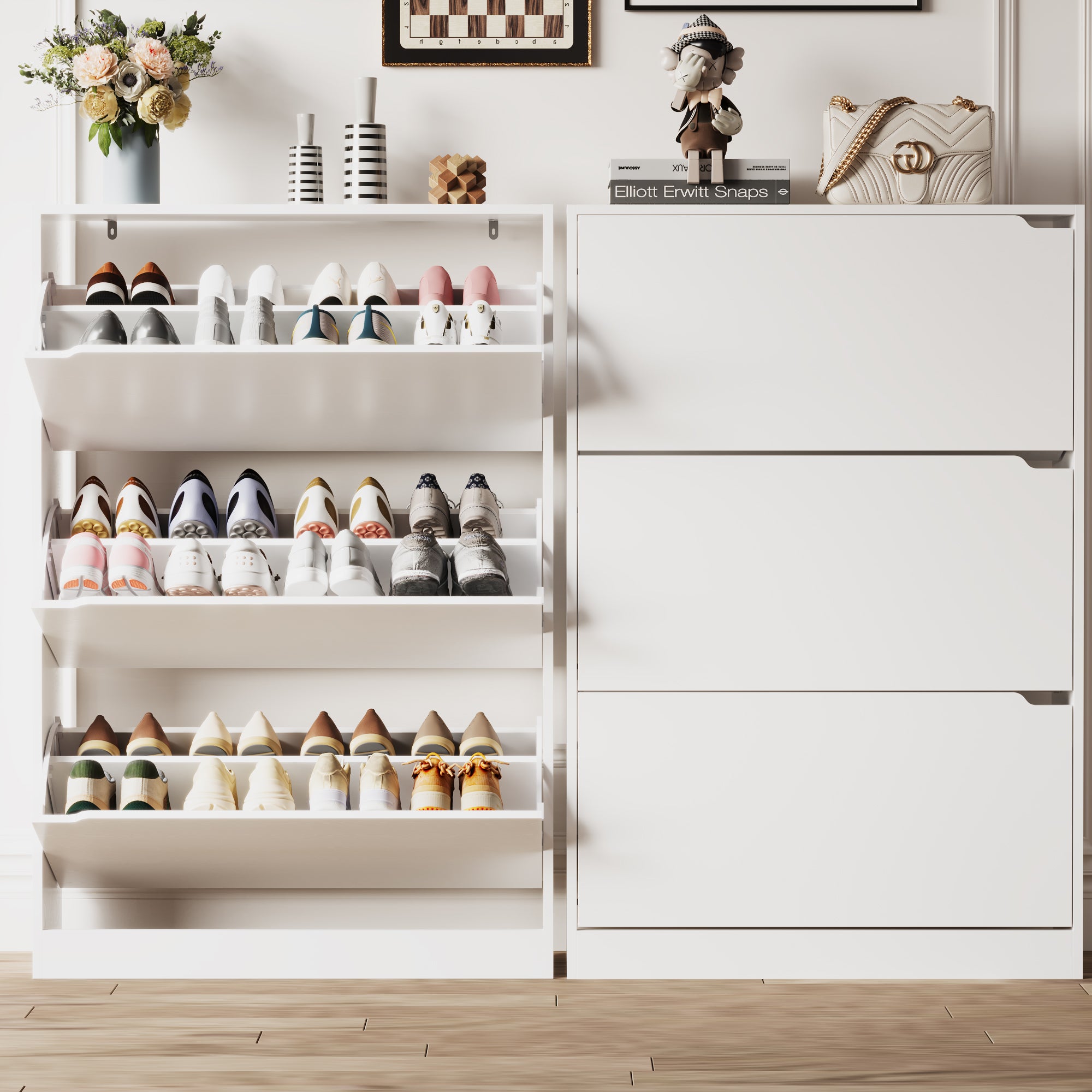 Anymaple Crestline White 3-door shoe cabinet, hidden shoe storage cabinet that reduces clutter and dust
