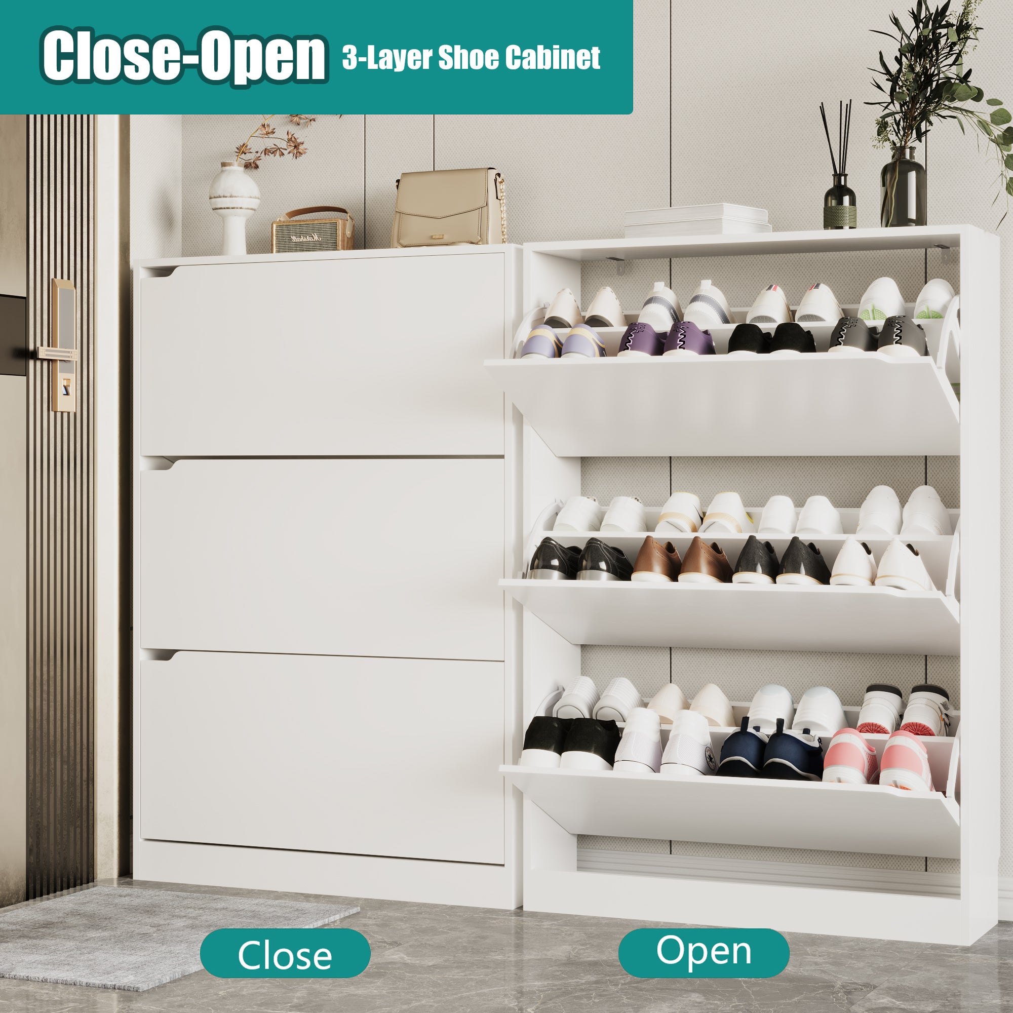 Anymaple Crestline White 3-door shoe cabinet, multi angle view of modern enclosed shoe organizer cabinet