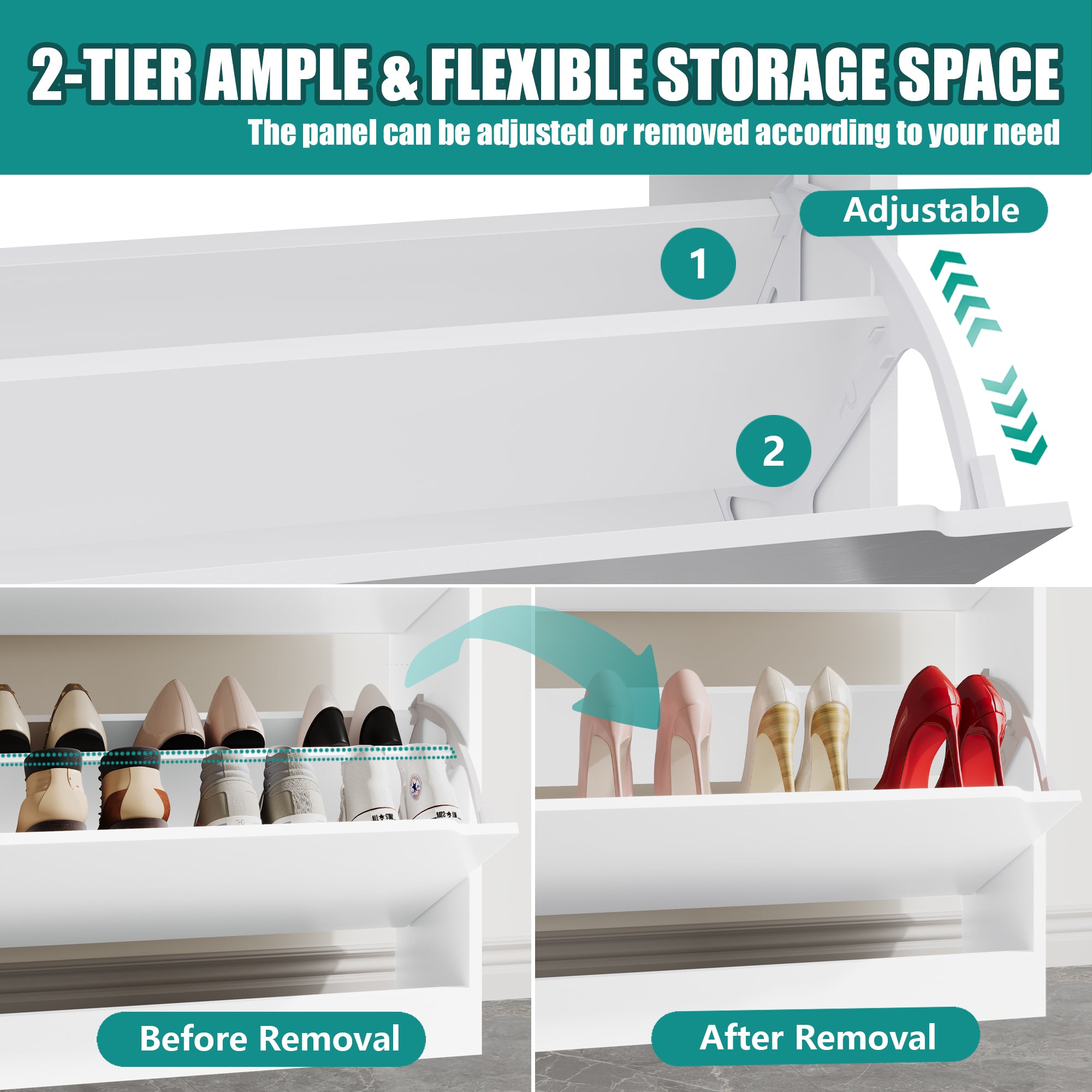 Anymaple Crestline White 3-door shoe cabinet, slim shoe cabinet styled for narrow entryway or hallway spaces