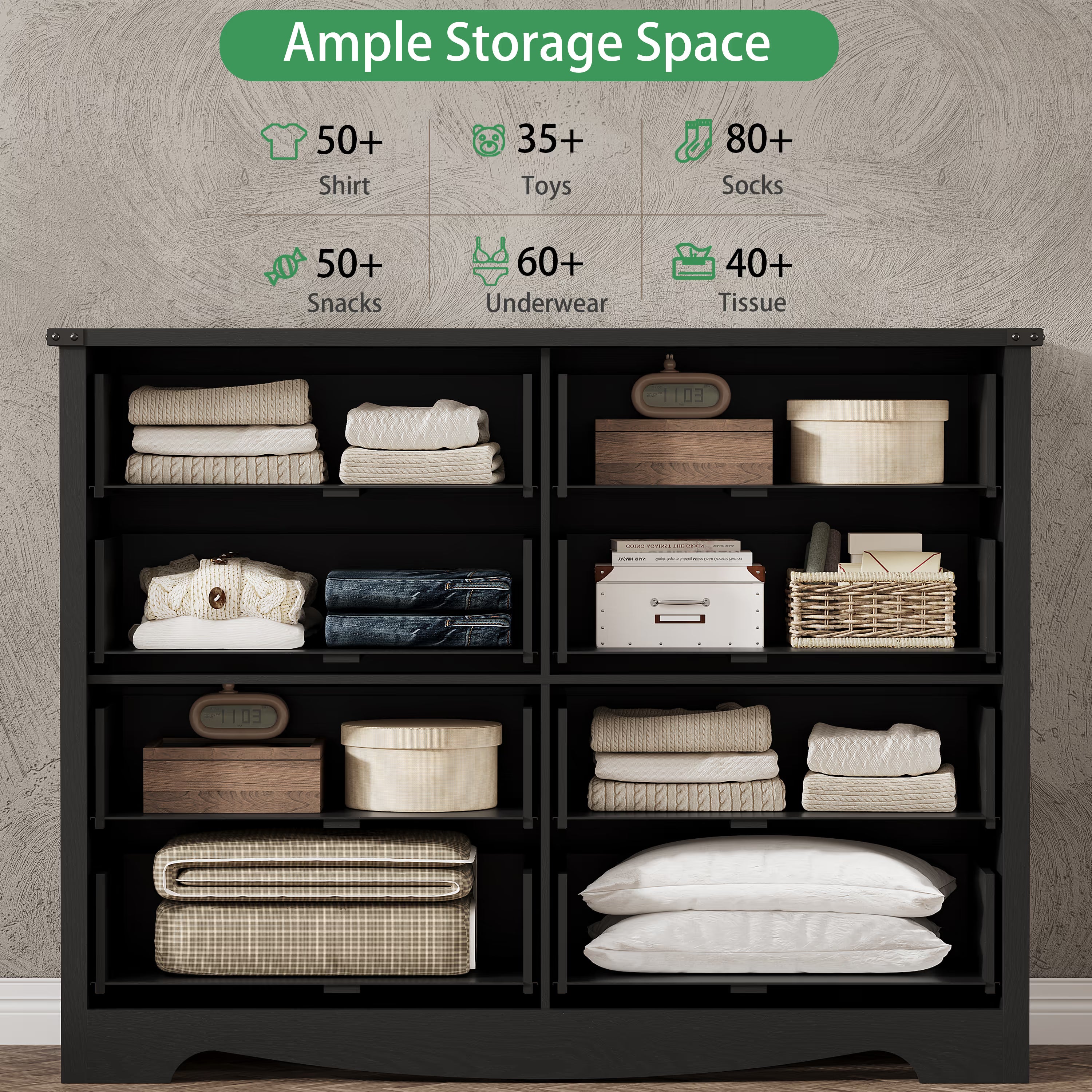 Anymaple Marlow Collection Black 8-drawer tall dresser with deep storage drawers and black metal handles, ample storage space