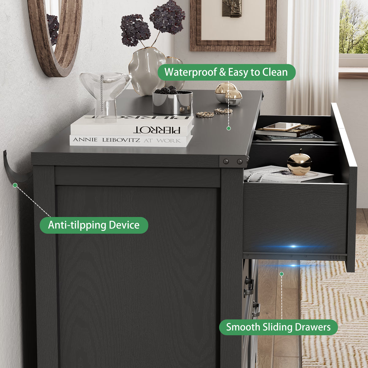 Anymaple Marlow Collection Black 8-drawer tall dresser with deep storage drawers and black metal handles, anti-tipping and easy-clean detail