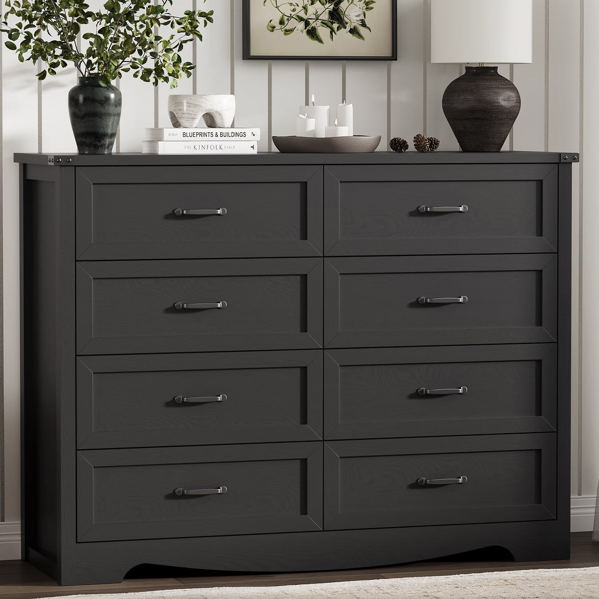 Anymaple Marlow Collection Black 8-drawer tall dresser with deep storage drawers and black metal handles, front storage view