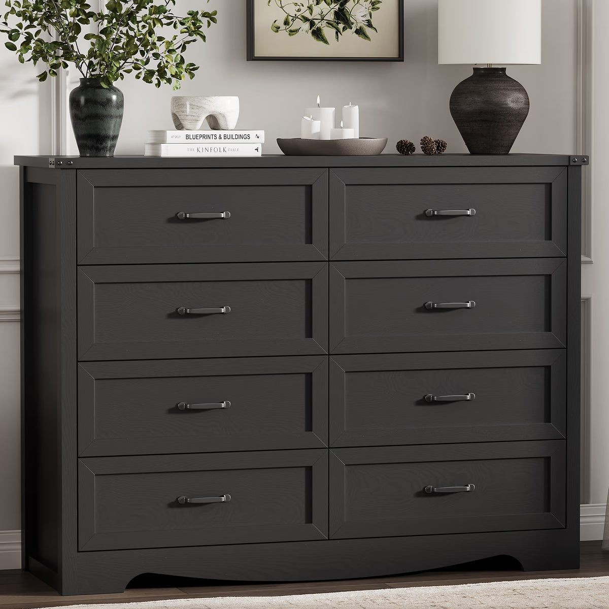 Anymaple Marlow Collection Black 8-drawer tall dresser with deep storage drawers and black metal handles, front storage view