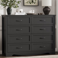 Anymaple Marlow Collection Black 8-drawer tall dresser with deep storage drawers and black metal handles, front storage view