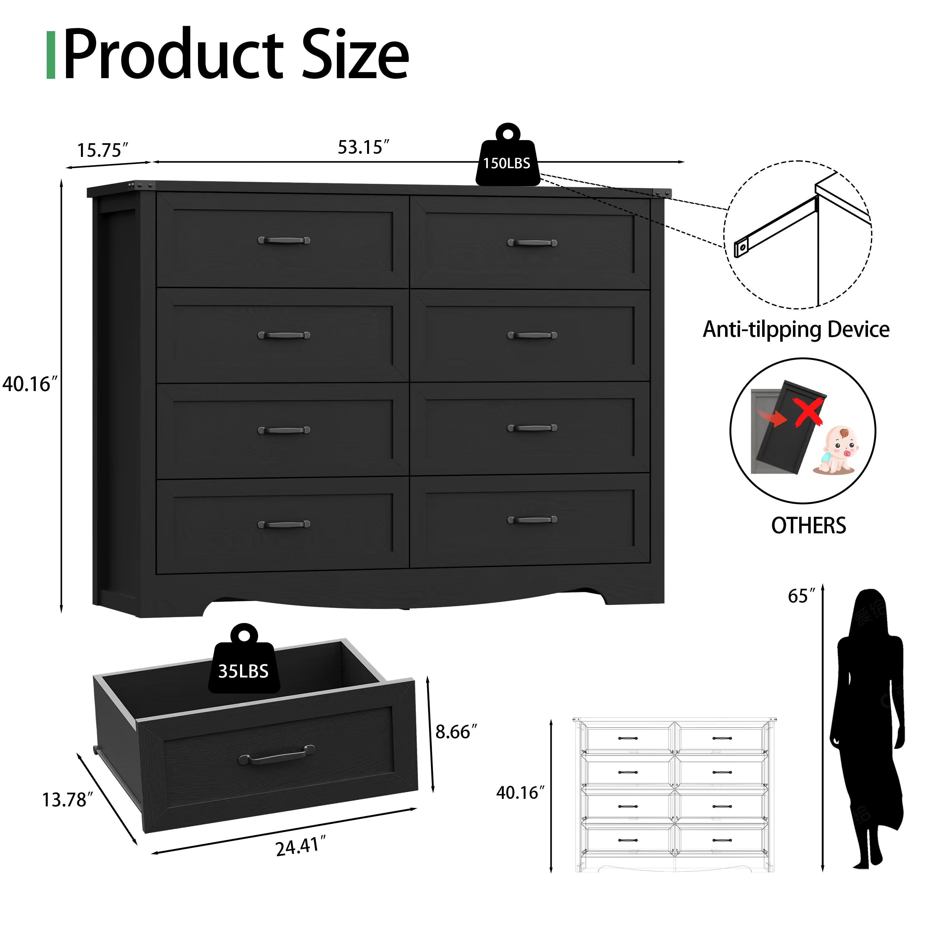 Anymaple Marlow Collection Black 8-drawer tall dresser product size dimensions, 53"W x 16"D x 40"H bedroom chest of drawers