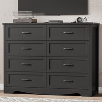 Anymaple Marlow Collection Black 8-drawer tall dresser with deep storage drawers and black metal handles, TV stand room view