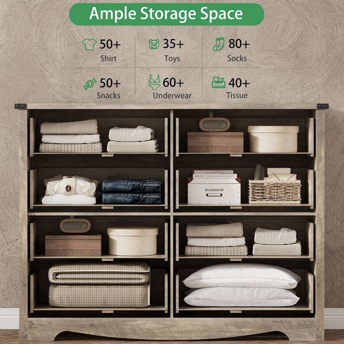 Anymaple Marlow Collection Gray Oak 8-drawer tall dresser with deep storage drawers and black metal handles, ample storage space