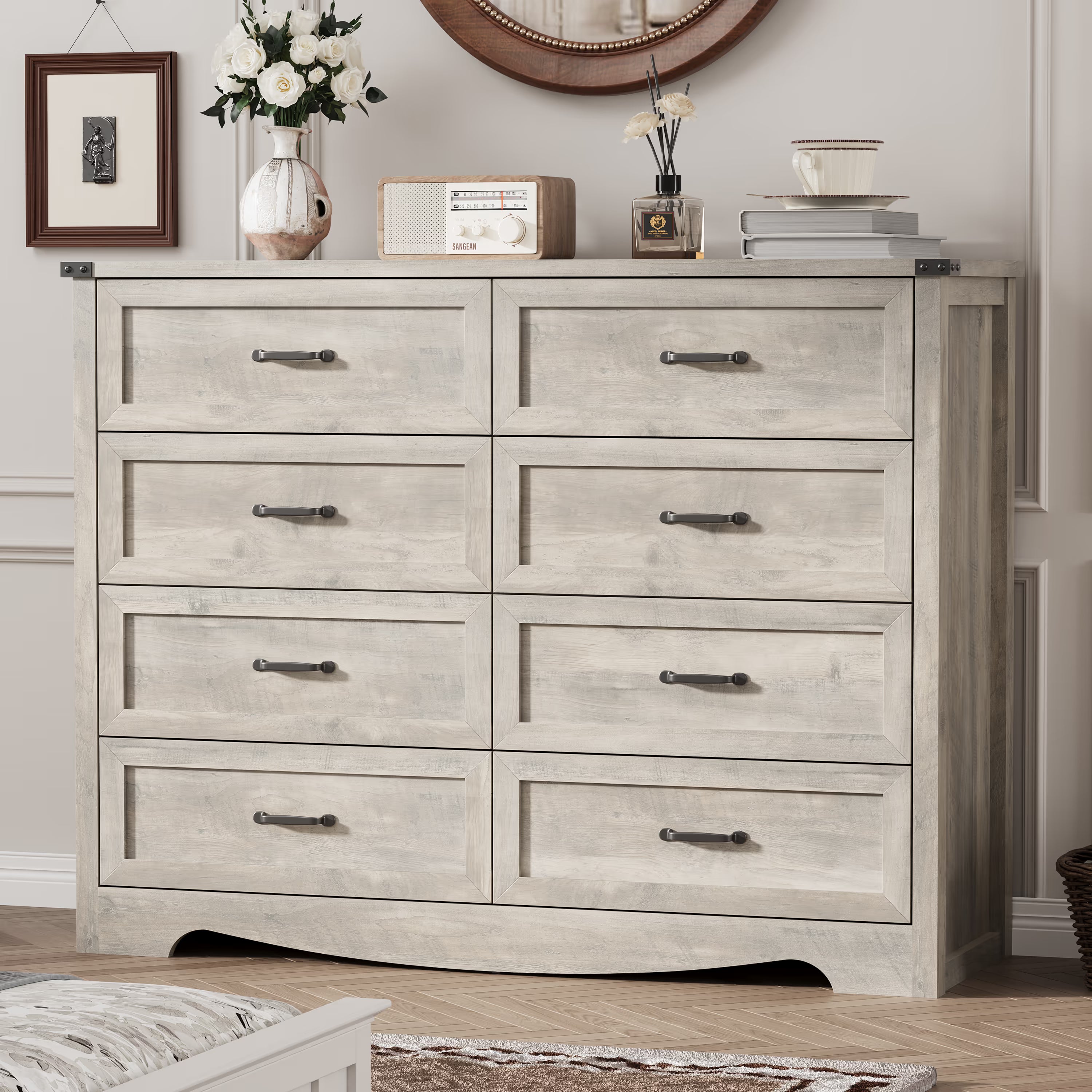 Anymaple Marlow Collection Gray Oak 8-drawer tall dresser with deep storage drawers and black metal handles, bedroom main view