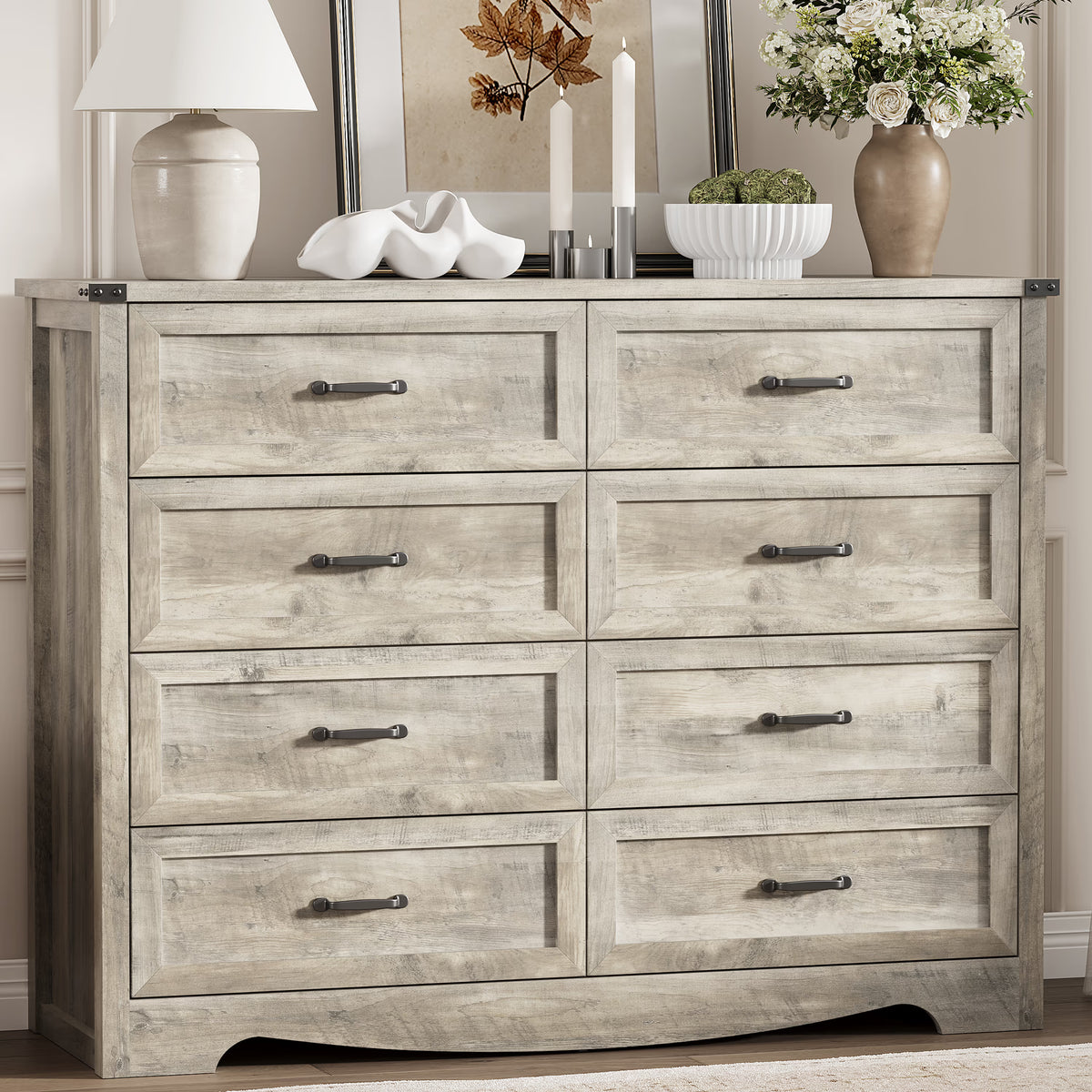 Anymaple Marlow Collection Gray Oak 8-drawer tall dresser with deep storage drawers and black metal handles, front storage view