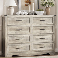 Anymaple Marlow Collection Gray Oak 8-drawer tall dresser with deep storage drawers and black metal handles, front storage view