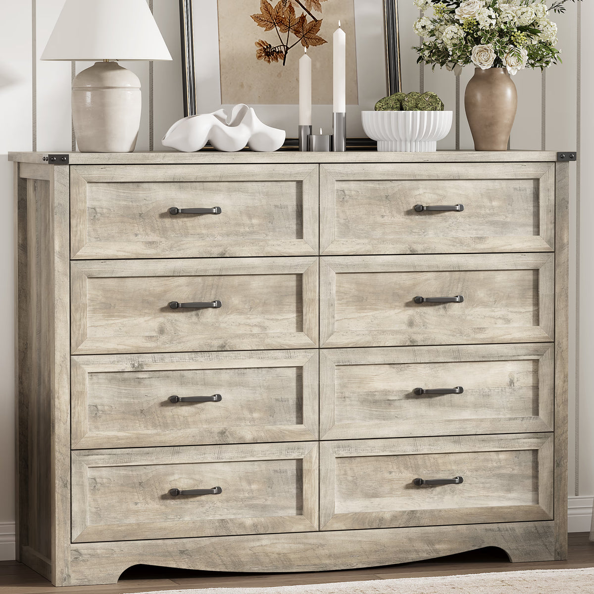 Anymaple Marlow Collection Gray Oak 8-drawer tall dresser with deep storage drawers and black metal handles, front storage view