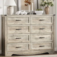 Anymaple Marlow Collection Gray Oak 8-drawer tall dresser with deep storage drawers and black metal handles, front storage view