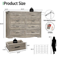 Anymaple Marlow Collection Gray Oak 8-drawer tall dresser product size dimensions, 53"W x 16"D x 40"H bedroom chest of drawers
