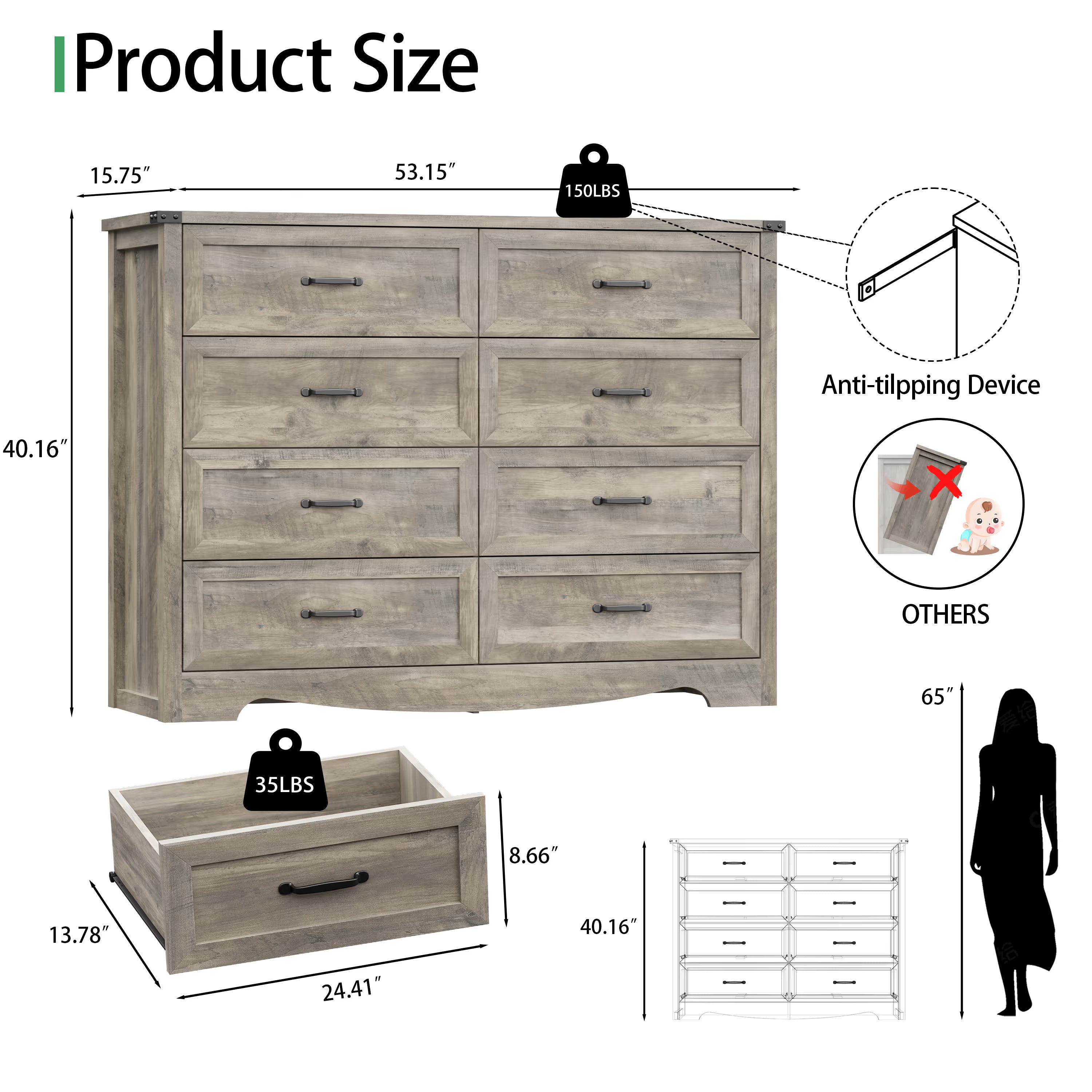 Anymaple Marlow Collection Gray Oak 8-drawer tall dresser product size dimensions, 53"W x 16"D x 40"H bedroom chest of drawers
