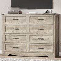 Anymaple Marlow Collection Gray Oak 8-drawer tall dresser with deep storage drawers and black metal handles, TV stand room view