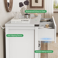 Anymaple Marlow Collection White 8-drawer tall dresser with deep storage drawers and black metal handles, anti-tipping and easy-clean detail