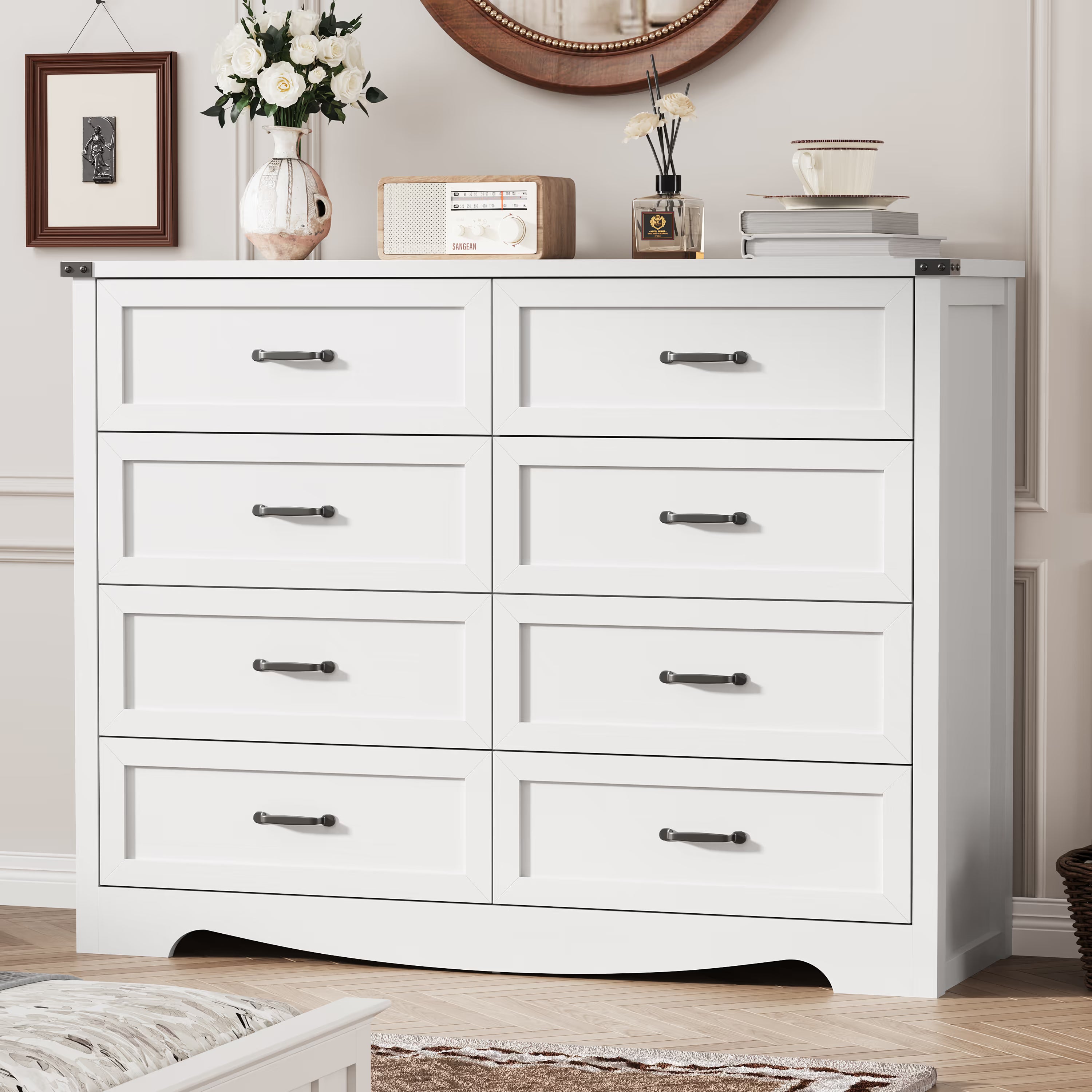 Anymaple Marlow Collection White 8-drawer tall dresser with deep storage drawers and black metal handles, bedroom main view