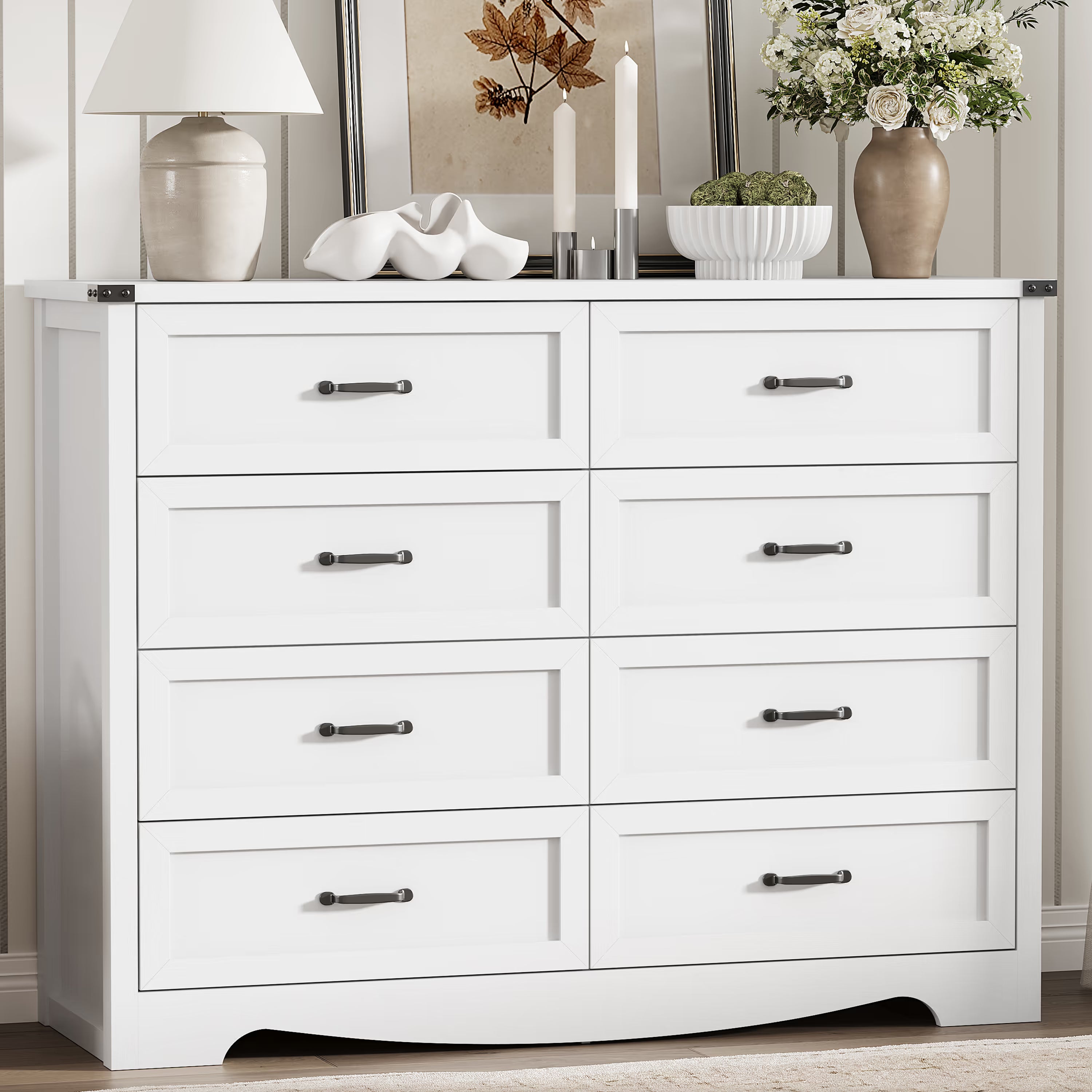 Anymaple Marlow Collection White 8-drawer tall dresser with deep storage drawers and black metal handles, front storage view