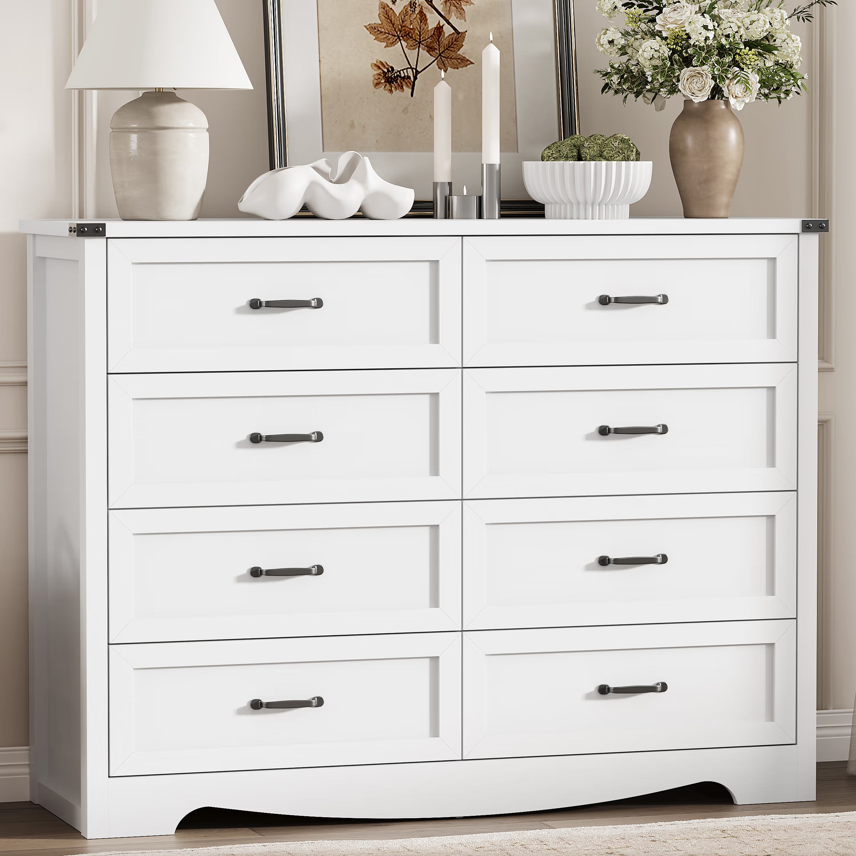 Anymaple Marlow Collection White 8-drawer tall dresser with deep storage drawers and black metal handles, front storage view