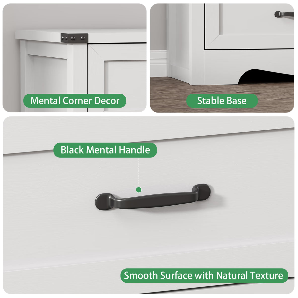 Anymaple Marlow Collection White 8-drawer tall dresser with deep storage drawers and black metal handles, metal handle and drawer detail
