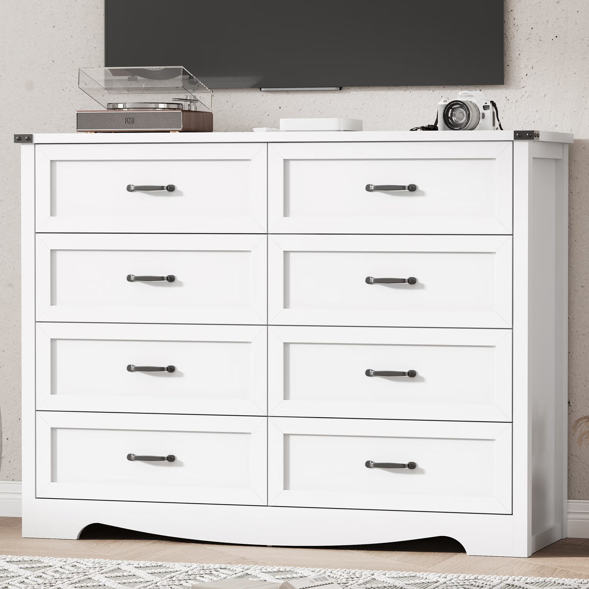 Anymaple Marlow Collection White 8-drawer tall dresser with deep storage drawers and black metal handles, TV stand room view