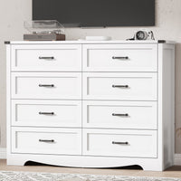 Anymaple Marlow Collection White 8-drawer tall dresser with deep storage drawers and black metal handles, TV stand room view