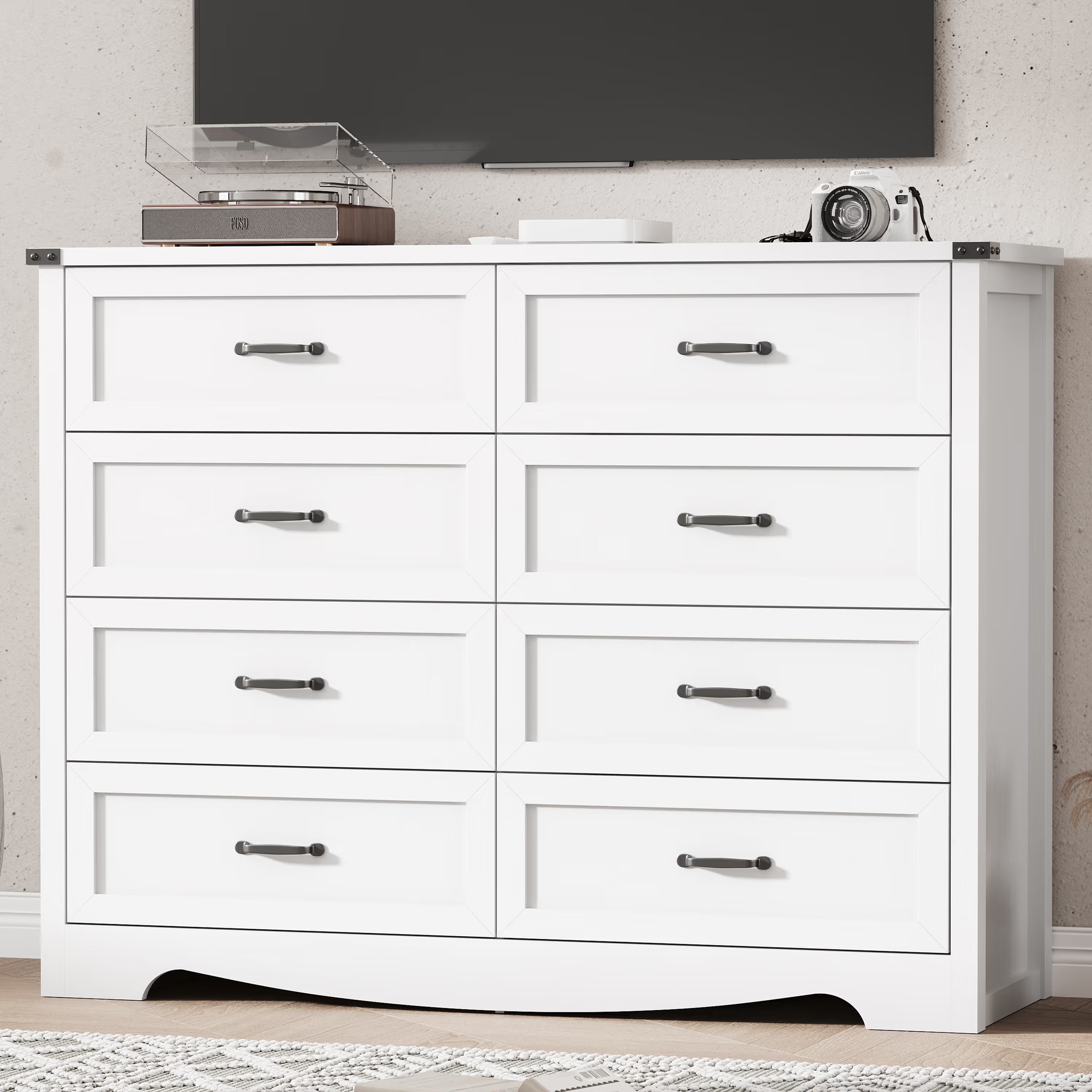 Anymaple Marlow Collection White 8-drawer tall dresser with deep storage drawers and black metal handles, TV stand room view
