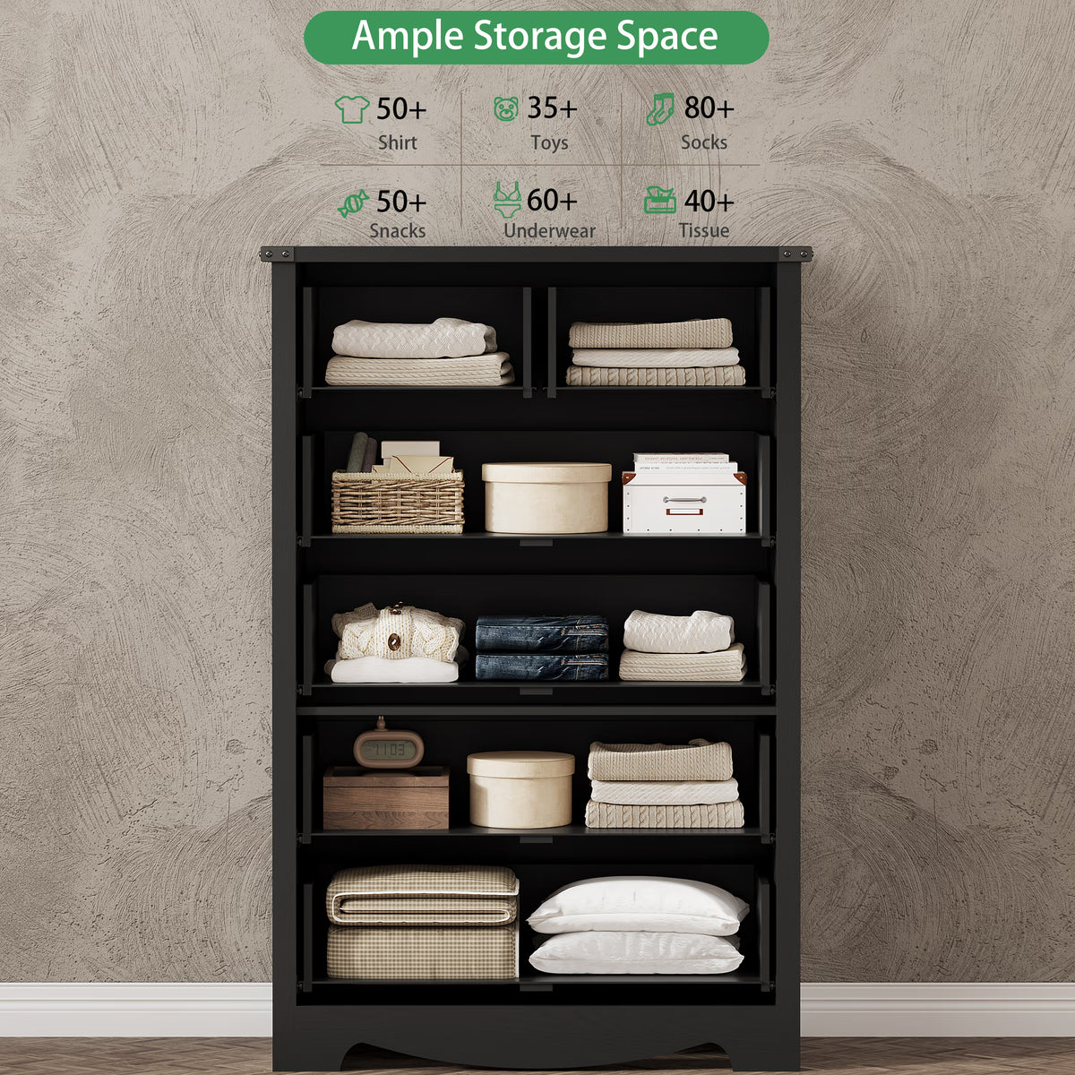 Anymaple Marlow Collection Black 6-drawer tall dresser with deep storage drawers and black metal handles, ample storage space