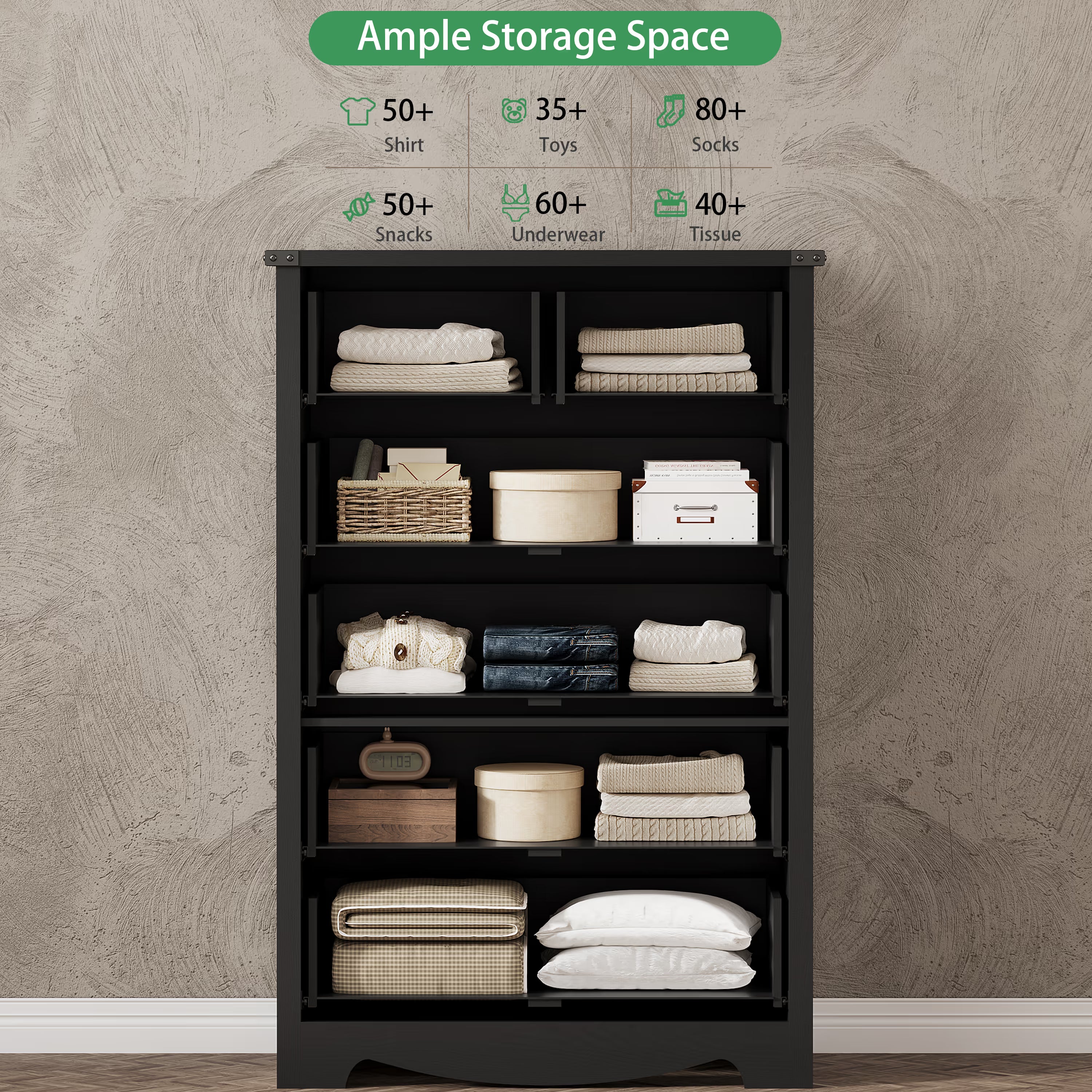 Anymaple Marlow Collection Black 6-drawer tall dresser with deep storage drawers and black metal handles, ample storage space