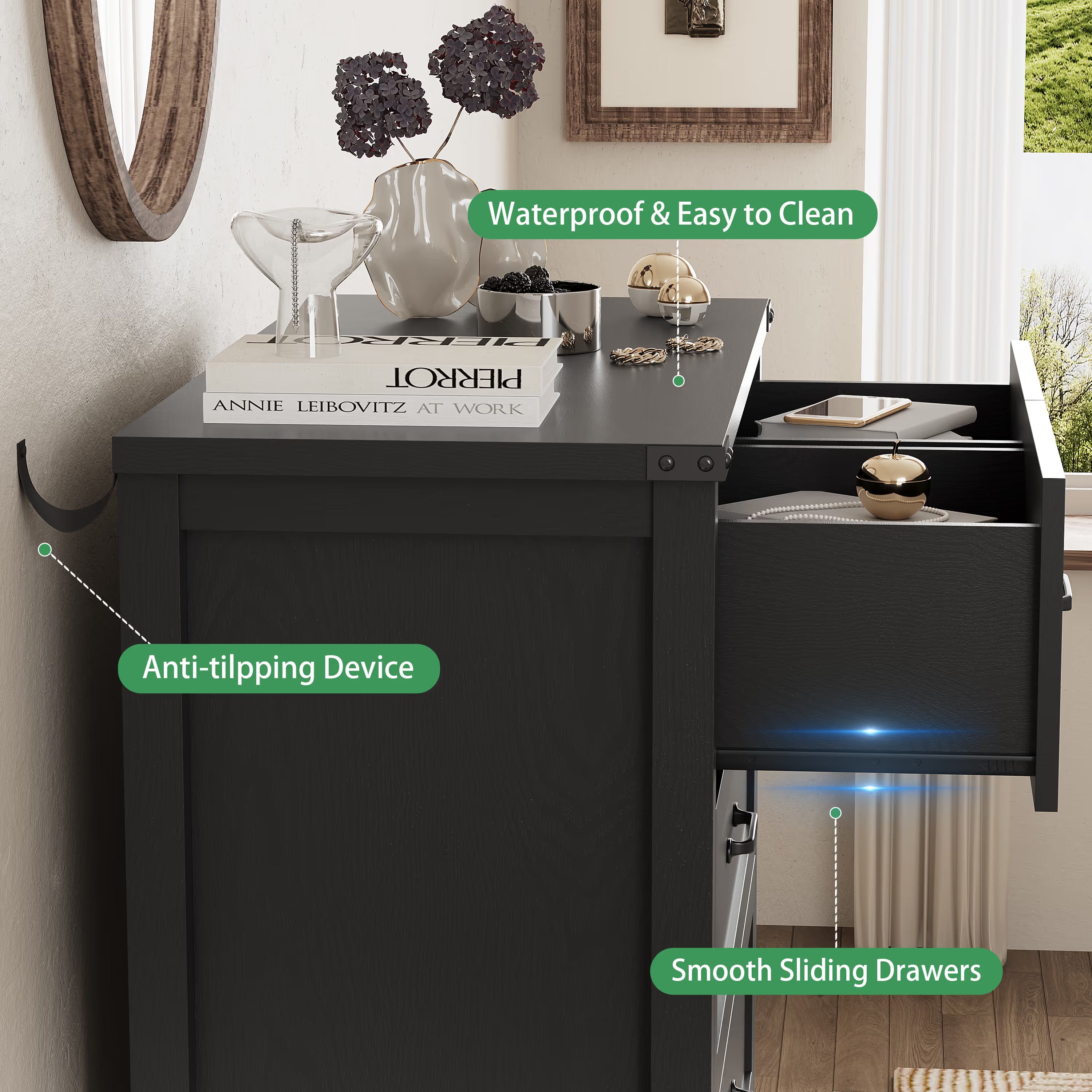 Anymaple Marlow Collection Black 6-drawer tall dresser with deep storage drawers and black metal handles, anti-tipping and easy-clean detail