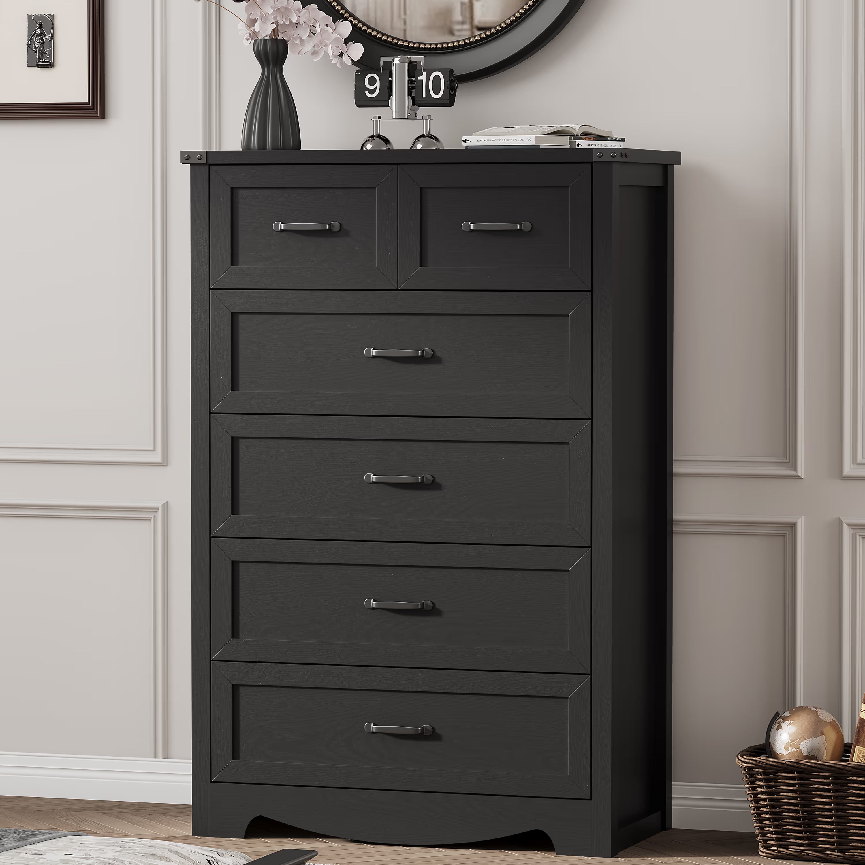 Anymaple Marlow Collection Black 6-drawer tall dresser with deep storage drawers and black metal handles, bedroom main view