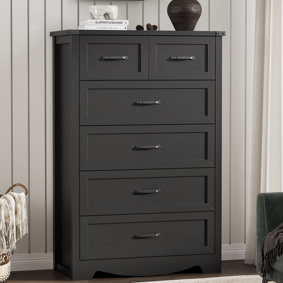 Anymaple Marlow Collection Black 6-drawer tall dresser with deep storage drawers and black metal handles, front storage view